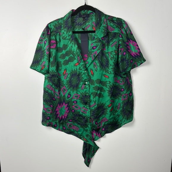 ECLAIR Sz XL Vibrant Green/Pink Button Down w/ bottom tie & short  sleeves NWT - Picture 1 of 11